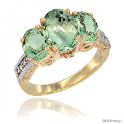 14K Yellow Gold Ladies 3-Stone Oval Natural Green Amethyst Ring Diamond Accent