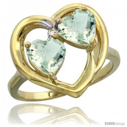 14k Yellow Gold 2-Stone Heart Ring 6mm Natural Green Amethyst Stones Diamond Accent, Diamond Accent