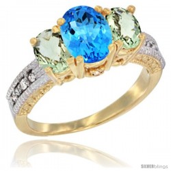 14k Yellow Gold Ladies Oval Natural Swiss Blue Topaz 3-Stone Ring with Green Amethyst Sides Diamond Accent