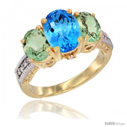 14K Yellow Gold Ladies 3-Stone Oval Natural Swiss Blue Topaz Ring with Green Amethyst Sides Diamond Accent