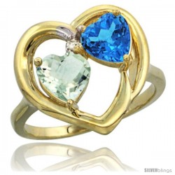 14k Yellow Gold 2-Stone Heart Ring 6mm Natural Green Amethyst & Swiss Blue Topaz Diamond Accent, Diamond Accent