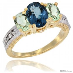 14k Yellow Gold Ladies Oval Natural London Blue Topaz 3-Stone Ring with Green Amethyst Sides Diamond Accent