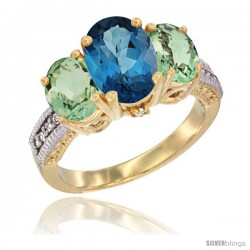 14K Yellow Gold Ladies 3-Stone Oval Natural London Blue Topaz Ring with Green Amethyst Sides Diamond Accent