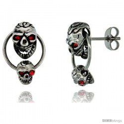 Stainless Steel Door Knocker Skull Earrings w/ Red Stone Eyes, 3/4 in (17 mm)