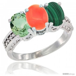 14K White Gold Natural Green Amethyst, Coral & Malachite Ring 3-Stone 7x5 mm Oval Diamond Accent