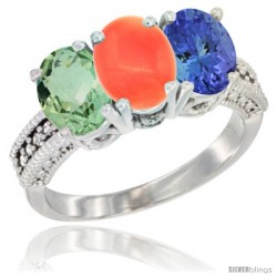 14K White Gold Natural Green Amethyst, Coral & Tanzanite Ring 3-Stone 7x5 mm Oval Diamond Accent