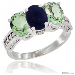 14K White Gold Natural Lapis & Green Amethyst Sides Ring 3-Stone 7x5 mm Oval Diamond Accent