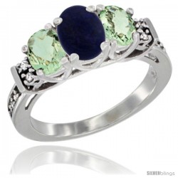 14K White Gold Natural Lapis & Green Amethyst Ring 3-Stone Oval with Diamond Accent