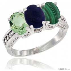 14K White Gold Natural Green Amethyst, Lapis & Malachite Ring 3-Stone 7x5 mm Oval Diamond Accent