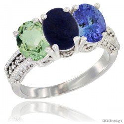 14K White Gold Natural Green Amethyst, Lapis & Tanzanite Ring 3-Stone 7x5 mm Oval Diamond Accent