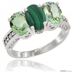 14K White Gold Natural Malachite & Green Amethyst Sides Ring 3-Stone 7x5 mm Oval Diamond Accent