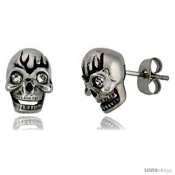 Stainless Steel Skull Stud Earrings w/ Crystal Eyes, 1/2 in tall