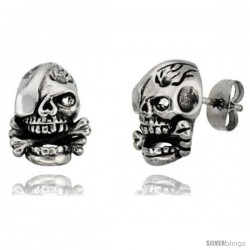 Stainless Steel One-Eyed Skull & Cross Bones Stud Earrings, 1/2 in tall