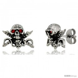 Stainless Steel Skull & Crossed Swords Stud Earrings w/ Red Stone Eyes, 1/2 in (11 mm)