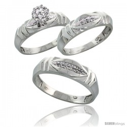 10k White Gold Trio Engagement Wedding Rings Set for Him & Her 3-piece 6 mm & 5 mm wide 0.09 cttw Brilliant Cut