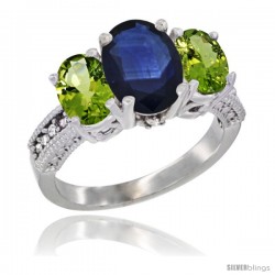 14K White Gold Ladies 3-Stone Oval Natural Blue Sapphire Ring with Peridot Sides Diamond Accent