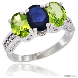 14K White Gold Natural Blue Sapphire & Peridot Sides Ring 3-Stone Oval 7x5 mm Diamond Accent