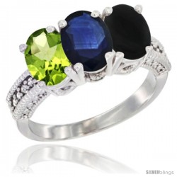 14K White Gold Natural Peridot, Blue Sapphire & Black Onyx Ring 3-Stone Oval 7x5 mm Diamond Accent