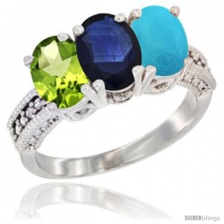 14K White Gold Natural Peridot, Blue Sapphire & Turquoise Ring 3-Stone Oval 7x5 mm Diamond Accent