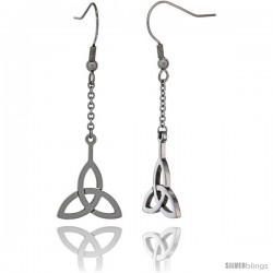 Small Stainless Steel Celtic Triquetra Trinity Dangle Earrings, 2 in (42 mm) long