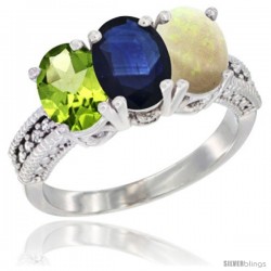 14K White Gold Natural Peridot, Blue Sapphire & Opal Ring 3-Stone Oval 7x5 mm Diamond Accent