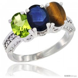 14K White Gold Natural Peridot, Blue Sapphire & Tiger Eye Ring 3-Stone Oval 7x5 mm Diamond Accent