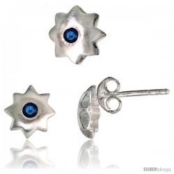 Sterling Silver Matte-finish Star Stud Earrings (7 mm) & Pendant Slide (8 mm) Set, w/ Brilliant Cut Blue Sapphire-colored CZ