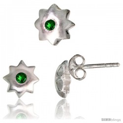 Sterling Silver Matte-finish Star Stud Earrings (7 mm) & Pendant Slide (8 mm) Set, w/ Brilliant Cut Emerald-colored CZ Stones