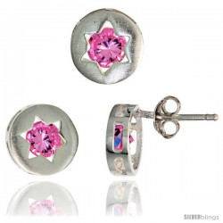 Sterling Silver Jewish Star of David Stud Earrings (9 mm) & Pendant Slide (9 mm) Set, w/ Brilliant Cut Pink Tourmaline-colored