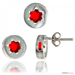 Sterling Silver Jewish Star of David Stud Earrings (9 mm) & Pendant Slide (9 mm) Set, w/ Brilliant Cut Ruby-colored CZ Stones