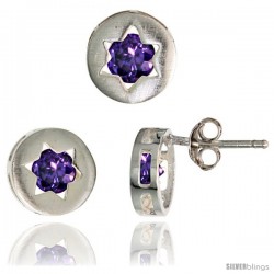 Sterling Silver Jewish Star of David Stud Earrings (9 mm) & Pendant Slide (9 mm) Set, w/ Brilliant Cut Amethyst-colored CZ