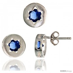 Sterling Silver Jewish Star of David Stud Earrings (9 mm) & Pendant Slide (9 mm) Set, w/ Brilliant Cut Blue Sapphire-colored CZ