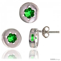 Sterling Silver Jewish Star of David Stud Earrings (9 mm) & Pendant Slide (9 mm) Set, w/ Brilliant Cut Emerald-colored CZ Stones