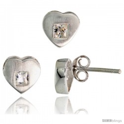 Sterling Silver Matte-finish Heart Earrings (8mm tall) & Pendant Slide (9mm tall) Set, w/ Princess Cut CZ Stones