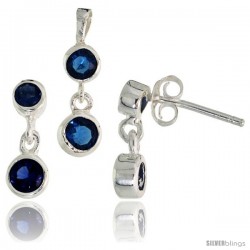 Sterling Silver Dangle Earrings (13mm tall) & Pendant (17mm tall) Set, w/ Bezel Set Brilliant Cut Blue Sapphire-colored CZ