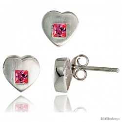 Sterling Silver Matte-finish Heart Earrings (8mm tall) & Pendant Slide (9mm tall) Set, w/ Princess Cut Pink Tourmaline-colored