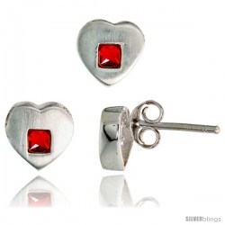 Sterling Silver Matte-finish Heart Earrings (8mm tall) & Pendant Slide (9mm tall) Set, w/ Princess Cut Ruby-colored CZ Stones