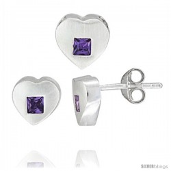 Sterling Silver Matte-finish Heart Earrings (8mm tall) & Pendant Slide (9mm tall) Set, w/ Princess Cut Amethyst-colored CZ