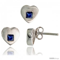 Sterling Silver Matte-finish Heart Earrings (8mm tall) & Pendant Slide (9mm tall) Set, w/ Princess Cut Blue Sapphire-colored CZ