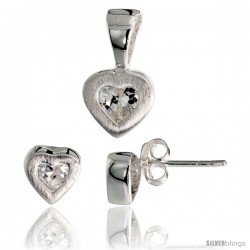 Sterling Silver Matte-finish Heart Earrings (7mm tall) & Pendant (13mm tall) Set, w/ Princess Cut CZ Stones