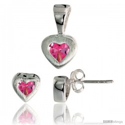 Sterling Silver Matte-finish Heart Earrings (7mm tall) & Pendant (13mm tall) Set, w/ Princess Cut Pink Tourmaline-colored CZ