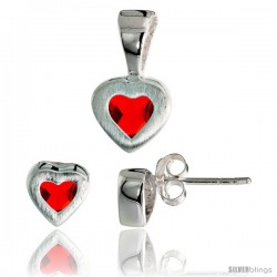 Sterling Silver Matte-finish Heart Earrings (7mm tall) & Pendant (13mm tall) Set, w/ Princess Cut Ruby-colored CZ Stones