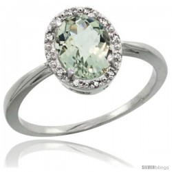 Sterling Silver Natural Green Amethyst Diamond Halo Ring 1.17 Carat 8X6 mm Oval Shape, 1/2 in wide