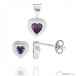 Sterling Silver Matte-finish Heart Earrings (7mm tall) & Pendant (13mm tall) Set, w/ Princess Cut Amethyst-colored CZ Stones