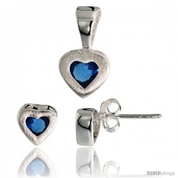 Sterling Silver Matte-finish Heart Earrings (7mm tall) & Pendant (13mm tall) Set, w/ Princess Cut Blue Sapphire-colored CZ