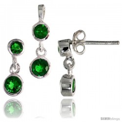 Sterling Silver Dangle Earrings (13mm tall) & Pendant (17mm tall) Set, w/ Bezel Set Brilliant Cut Emerald-colored CZ Stones