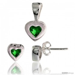 Sterling Silver Matte-finish Heart Earrings (7mm tall) & Pendant (13mm tall) Set, w/ Princess Cut Emerald-colored CZ Stones