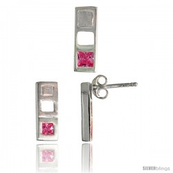 Sterling Silver Matte-finish Bar Earrings (12mm tall) & Pendant Slide (14mm tall) Set, w/ Princess Cut Pink Tourmaline-colored