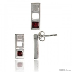 Sterling Silver Matte-finish Bar Earrings (12mm tall) & Pendant Slide (14mm tall) Set, w/ Princess Cut Ruby-colored CZ Stones