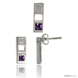 Sterling Silver Matte-finish Bar Earrings (12mm tall) & Pendant Slide (14mm tall) Set, w/ Princess Cut Amethyst-colored CZ